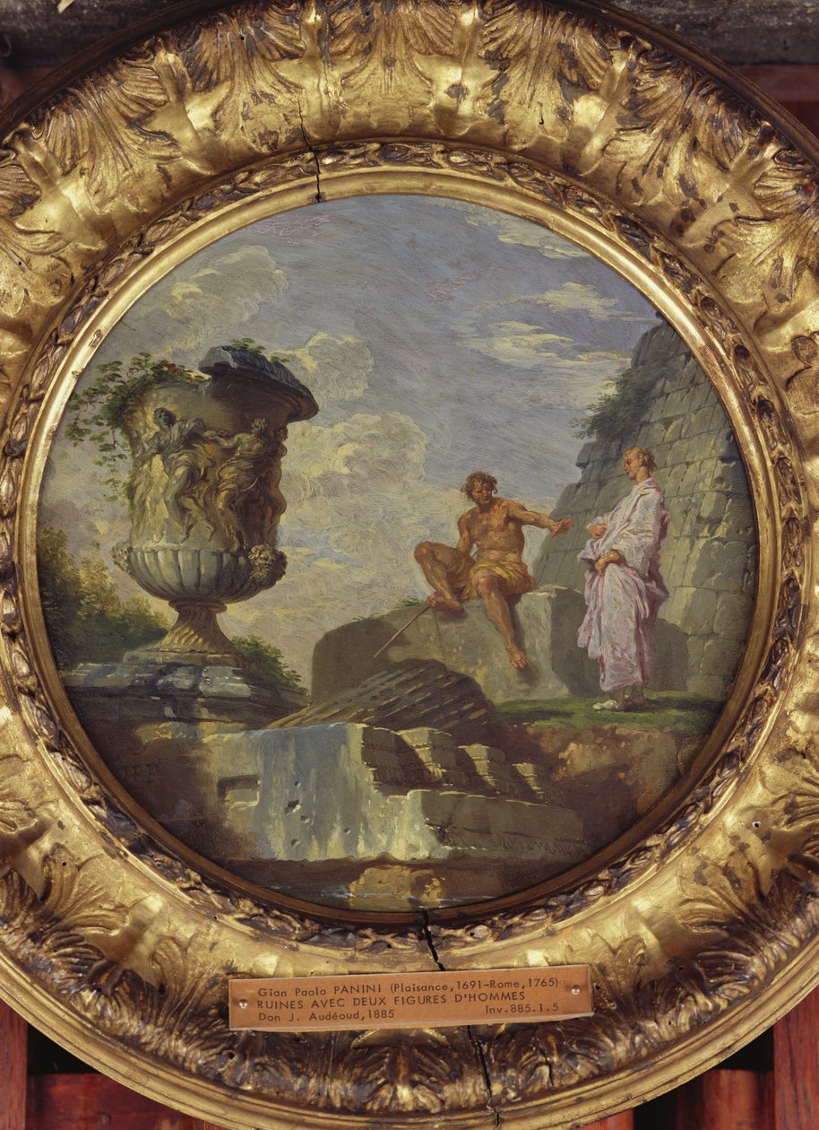 有两个人的废墟，c.1750-60（铜上油） 作者 乔瓦尼·保罗·帕尼尼