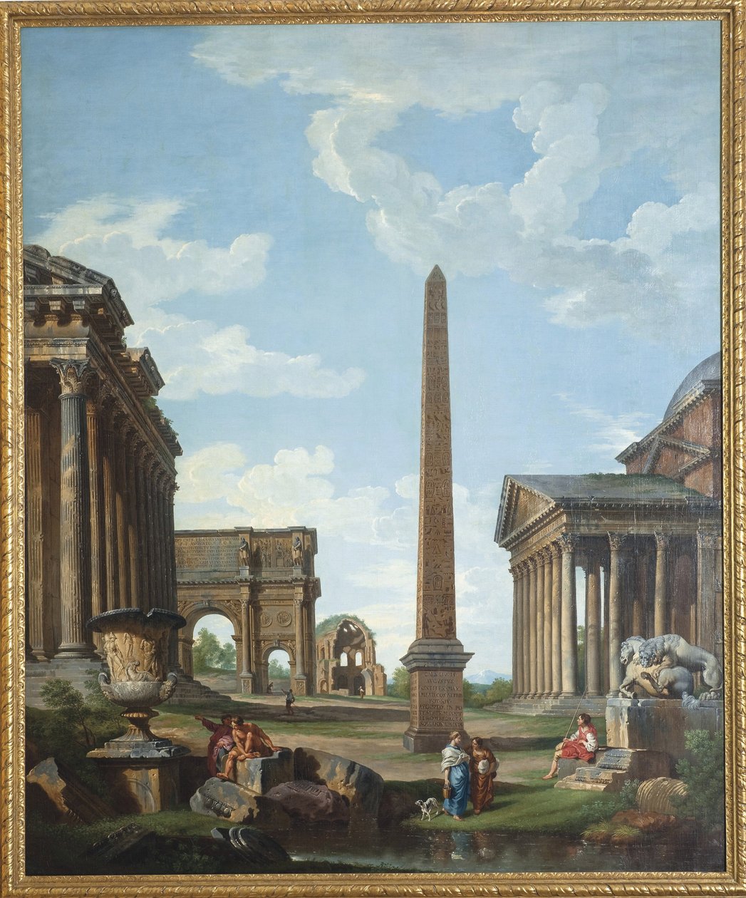 Un capriccio avec des ruines romaines et une scene de la vie de Belisaire - Peinture de Giovanni Paolo Panini (Pannini) (1691-1765), huile sur toile, 210,8x173 cm - （《罗马废墟上的随想曲和贝利萨留斯的生活场景》，布面油画，吉奥-帕尼尼（1691-1765 年）创作）。 作者 乔瓦尼·保罗·帕尼尼