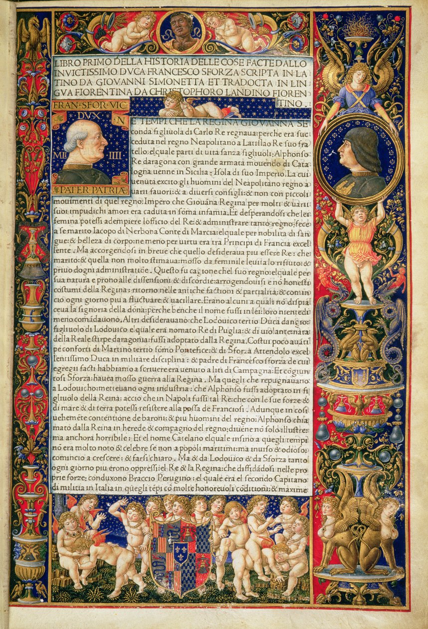 Grenville MS 7251 《Sforziada 或弗朗切斯科-斯福尔扎的生平》豪华版的正面插图，为卢多维科-斯福尔扎（Ludovico Sforza）所作，意大利语译自乔瓦尼-西蒙内塔（Giovanni Simonetta）所作的拉丁语原著。 作者 乔瓦尼·彼得罗·比拉戈