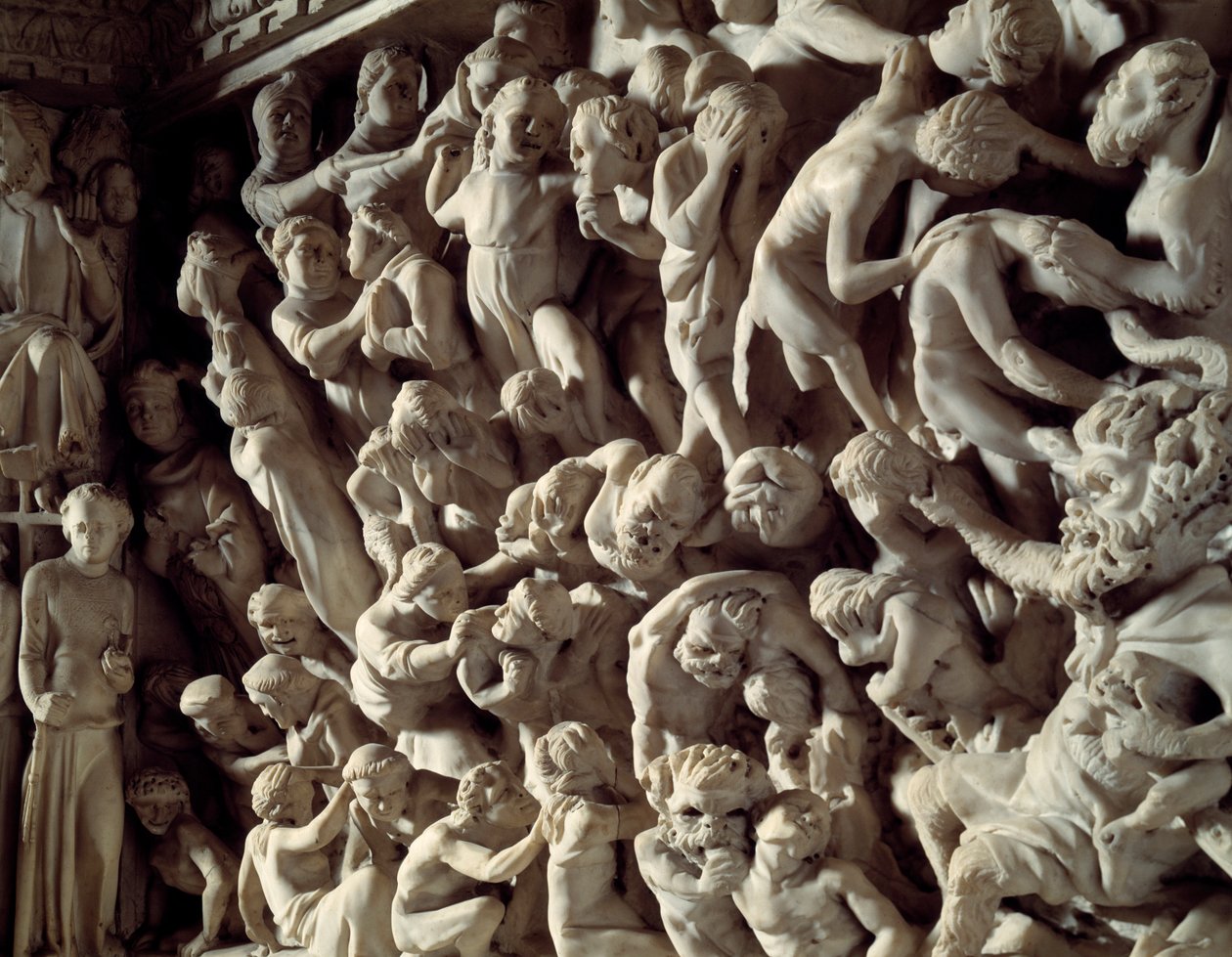 Giovanni Pisano（1248-1314）实现的椅子浮雕细节：该死的（大理石讲坛浮雕细节）1302-1311 比萨大教堂（Duomo di Pisa），意大利 作者 乔凡尼·皮萨诺（Giovanni Pisano）