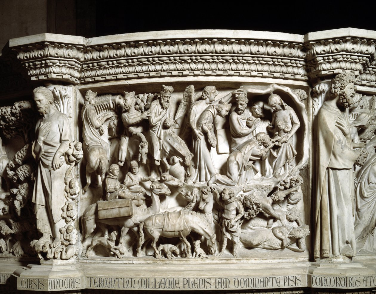 乔瓦尼·皮萨诺 (Giovanni Pisano) (1248-1314) 实现的椅子浮雕细节： 远航和贤士的崇拜（大理石讲坛的浮雕、旅行和贤士的崇拜的细节）1302-1311 比萨大教堂 (Duomo di Pisa), 意大利 作者 乔凡尼·皮萨诺（Giovanni Pisano）