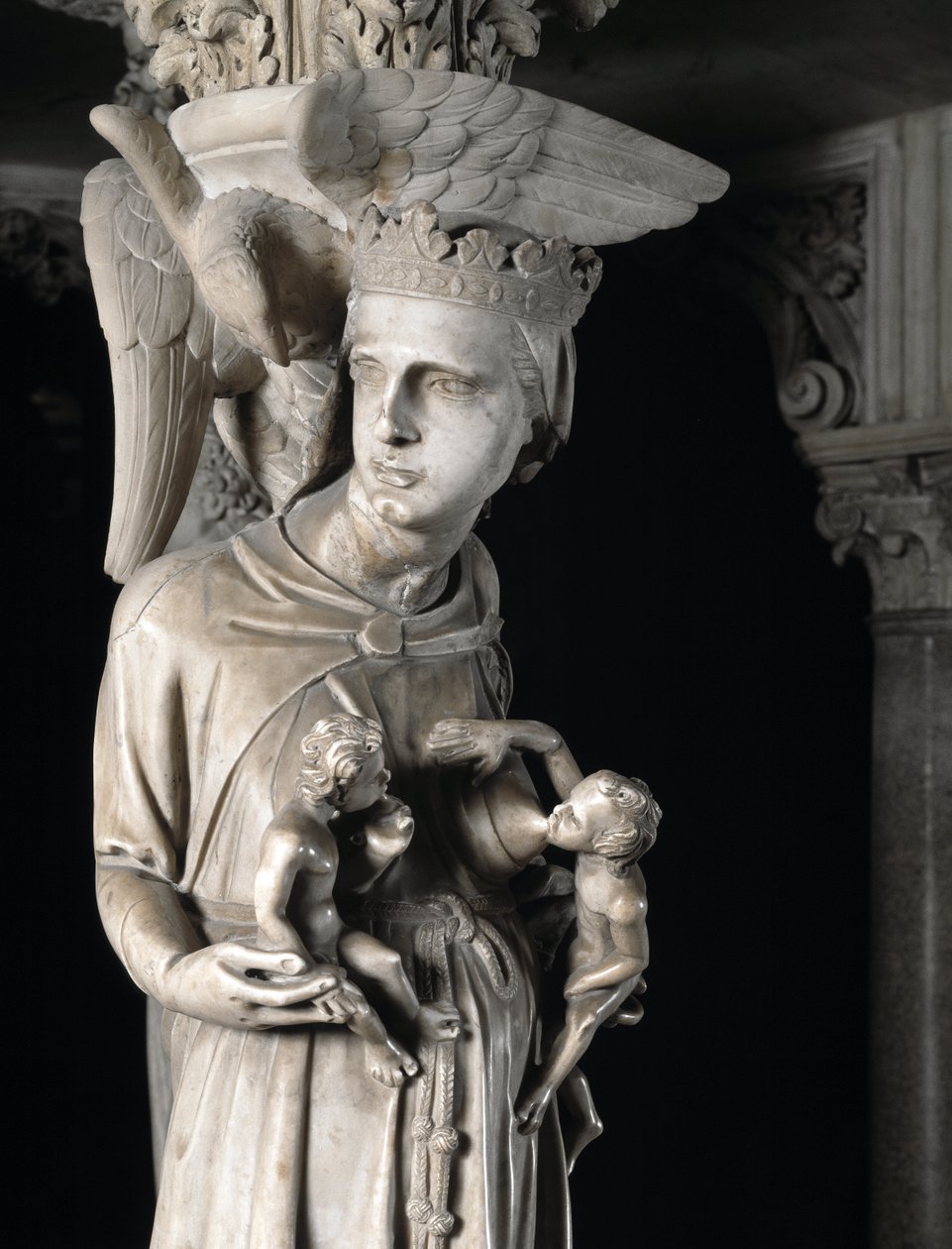 乔瓦尼·皮萨诺 (Giovanni Pisano) (1248-1314) 实现的支撑椅子的雕刻团体的细节：教会滋养其孩子（支撑大理石讲坛的雕塑细节，教会喂养她的孩子）1302-1311 比萨大教堂（Duomo di Pis） 作者 乔凡尼·皮萨诺（Giovanni Pisano）