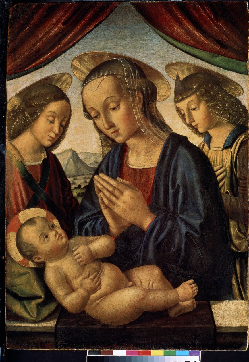 圣母和孩子与天使（面板上的钢笔画 作者 乔凡尼·桑蒂（Giovanni Santi）