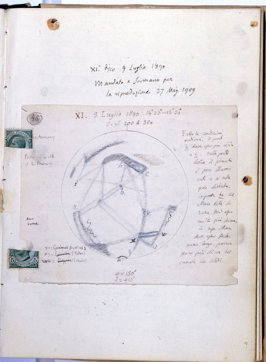 Study book by Giovanni Virginio Schiaparelli (1835-1910)), Italian astronomer who observed the Martian canals (canali) of the planet Mars. This notebook is dated 9/07/1890. 作者 乔凡尼·夏帕瑞瑞（Giovanni Schiaparelli）