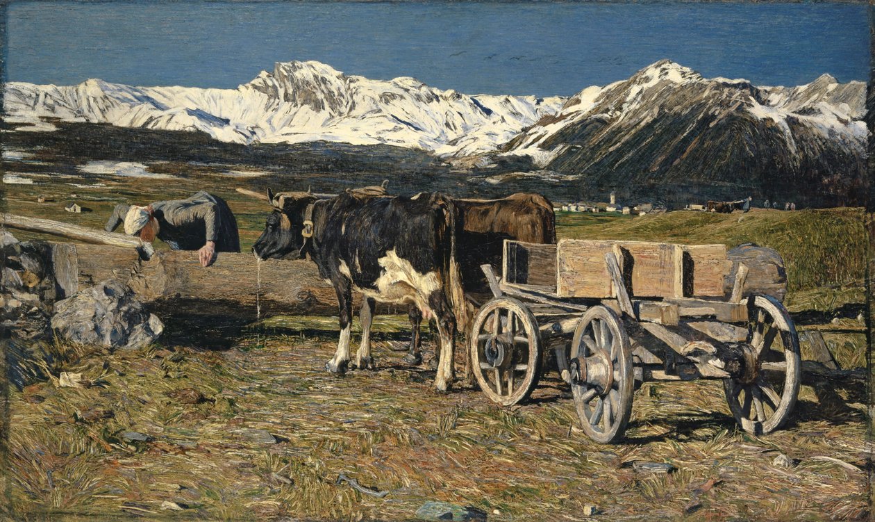 在浇水的地方（在轭的奶牛），1888年 作者 乔凡尼·塞甘蒂尼（Giovanni Segantini）