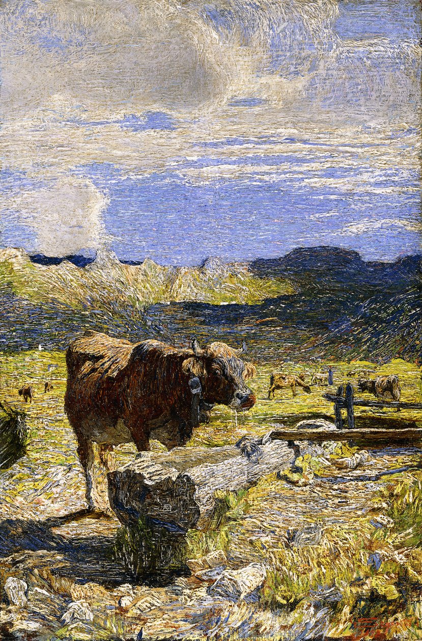 1892年从槽中饮水的棕色母牛 作者 乔凡尼·塞甘蒂尼（Giovanni Segantini）