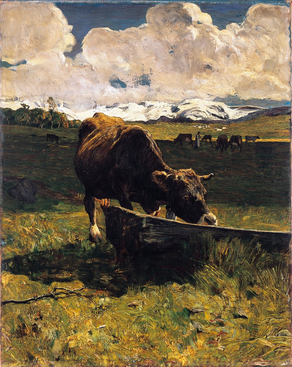 槽边的棕牛》，乔万尼-塞甘蒂尼（1858-1899），布面油画，88x69厘米 作者 乔凡尼·塞甘蒂尼（Giovanni Segantini）