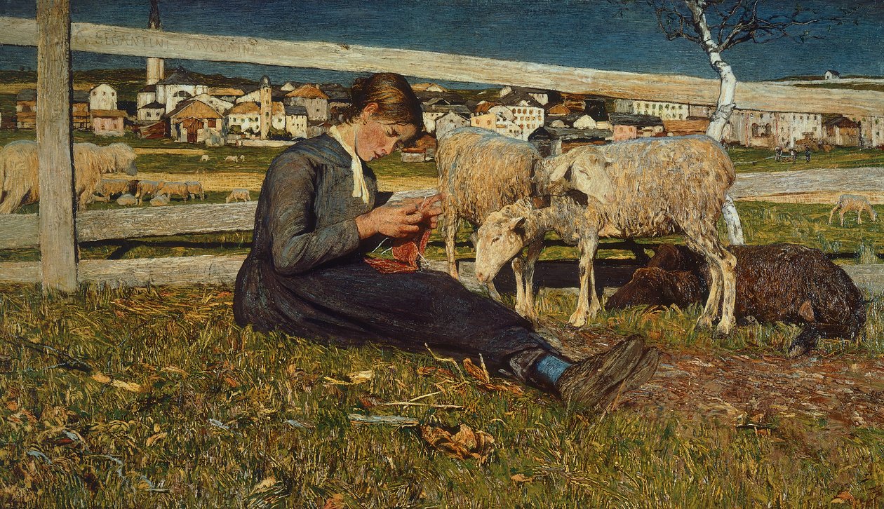 Giovanni Segantini (1858-1899)制作袜子的女孩，布面油画，54x88厘米 作者 乔凡尼·塞甘蒂尼（Giovanni Segantini）