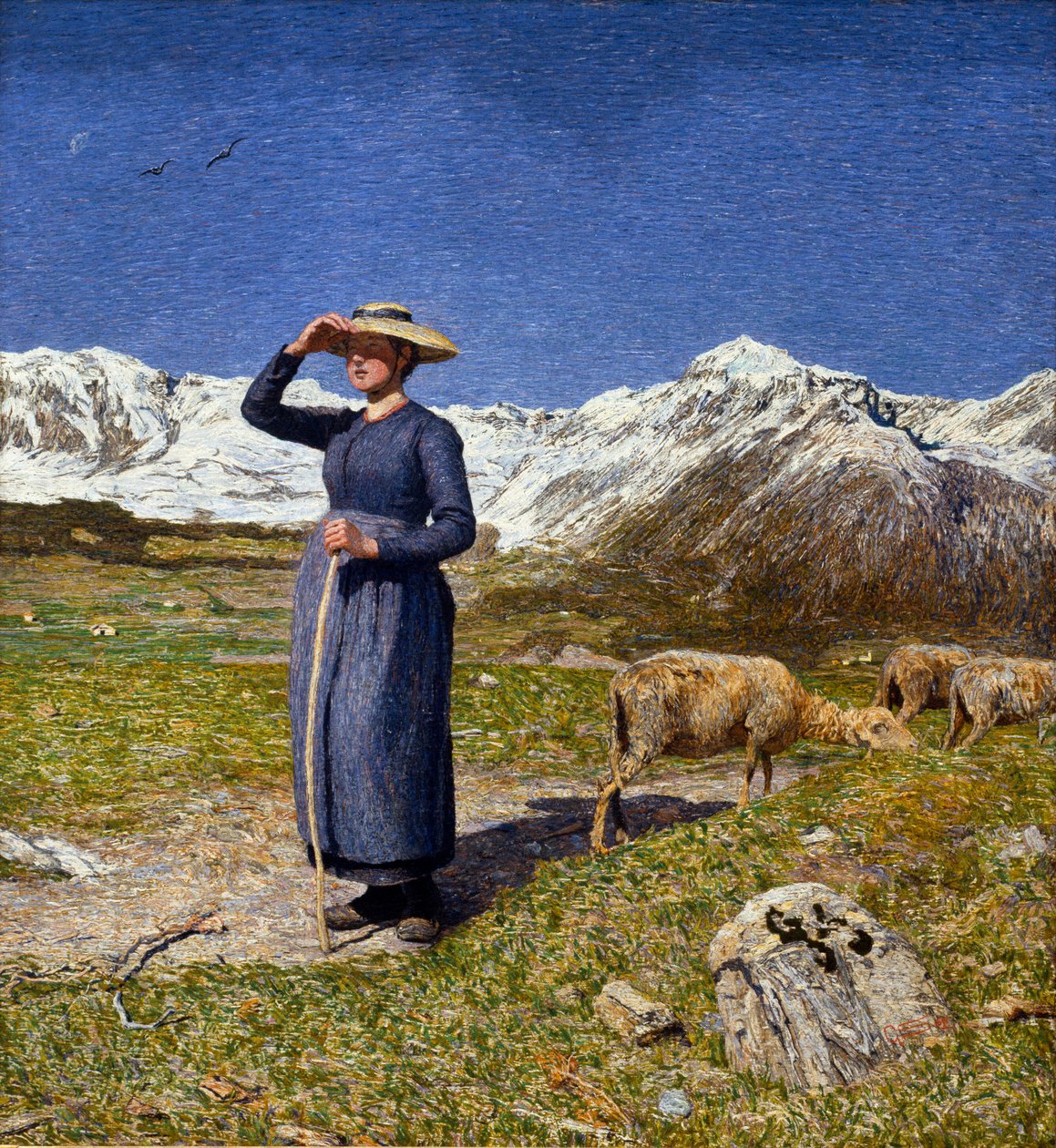 阿尔卑斯山的中午 A bergere 保护她的眼睛免受阳光照射。 Giovanni Segantini (1858-1899) 1891 年作画。 7,5x71,57 厘米系列 O. Fischebacher 作者 乔凡尼·塞甘蒂尼（Giovanni Segantini）