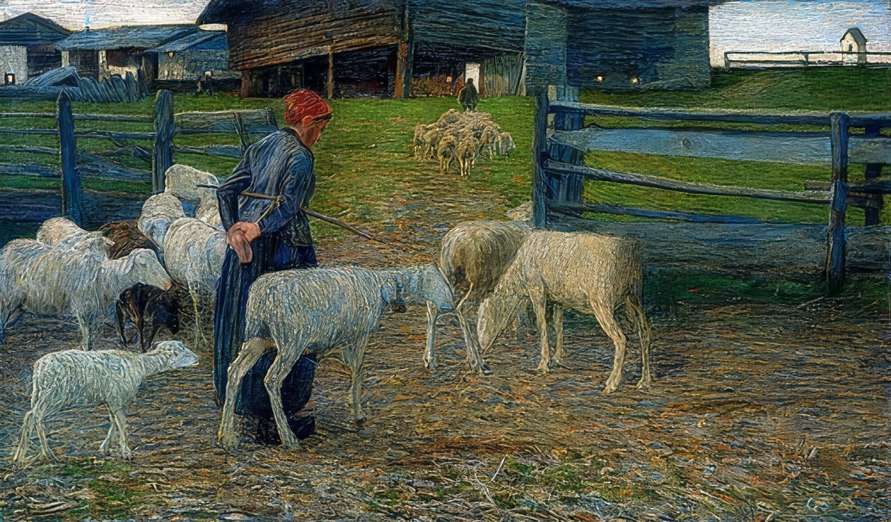 返回马stable。 1888年 作者 乔凡尼·塞甘蒂尼（Giovanni Segantini）