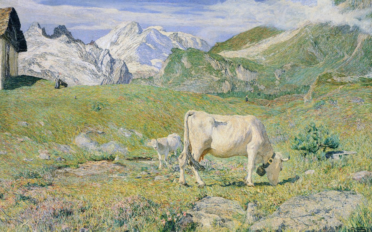 乔万尼-塞甘蒂尼（1858-1899）的《春天的牧场》。 作者 乔凡尼·塞甘蒂尼（Giovanni Segantini）