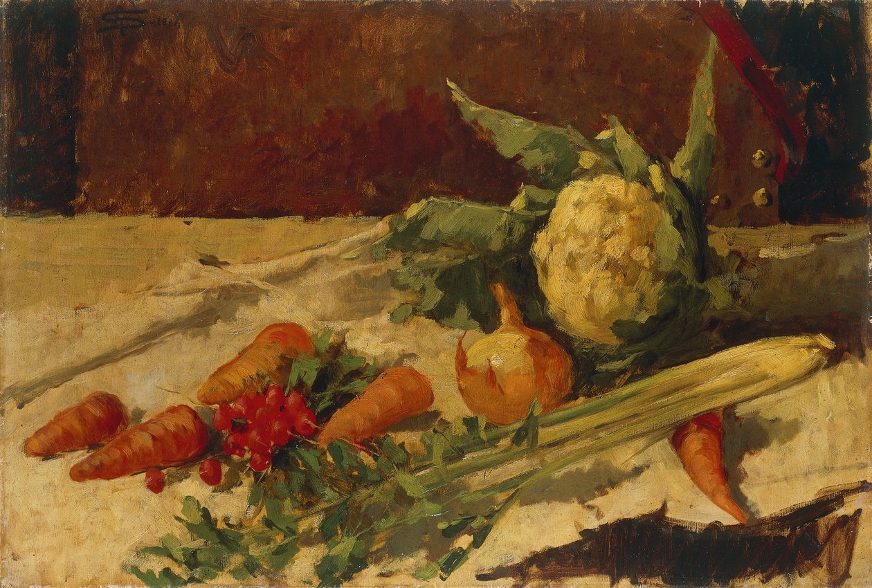 有胡萝卜的静物，乔万尼-塞甘蒂尼（1858-1899），布面油画，51x75厘米 作者 乔凡尼·塞甘蒂尼（Giovanni Segantini）