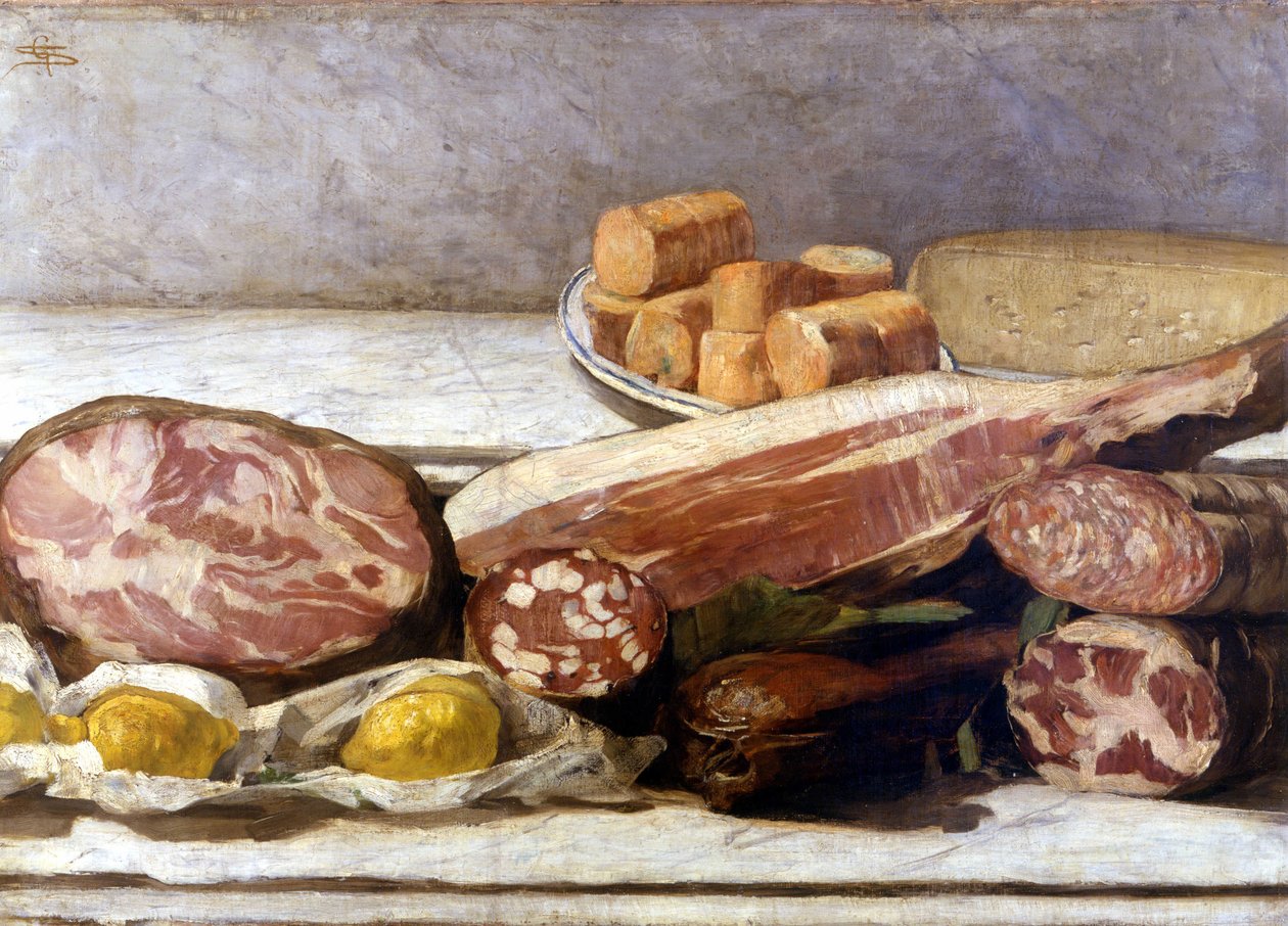 色彩的喜悦，冷切的静物。 乔瓦尼·塞甘蒂尼 (1858-1899) 的绘画。 1886.米兰，al。 私人。 作者 乔凡尼·塞甘蒂尼（Giovanni Segantini）