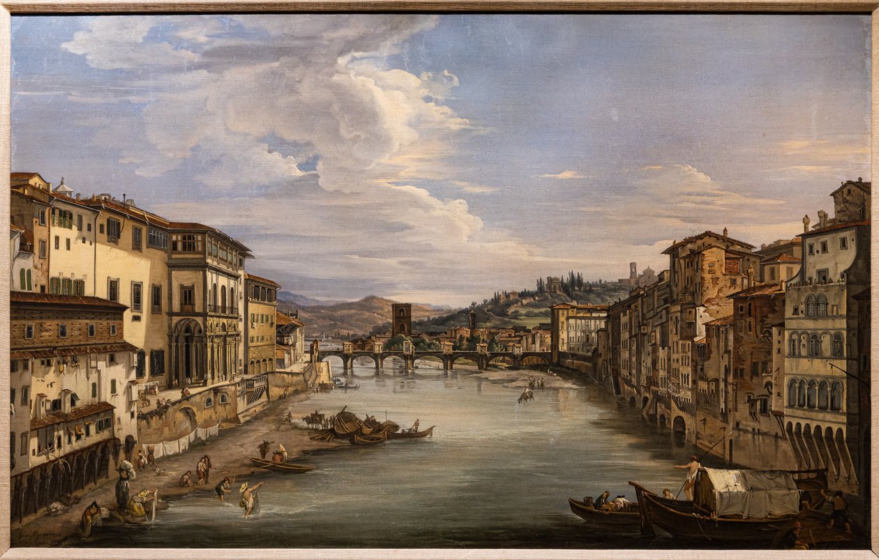 从老桥（Ponte Vecchio）到感恩桥（Alle Grazie Bridge）的阿诺河景观 作者 乔凡尼·西格里尼（Giovanni Signorini）