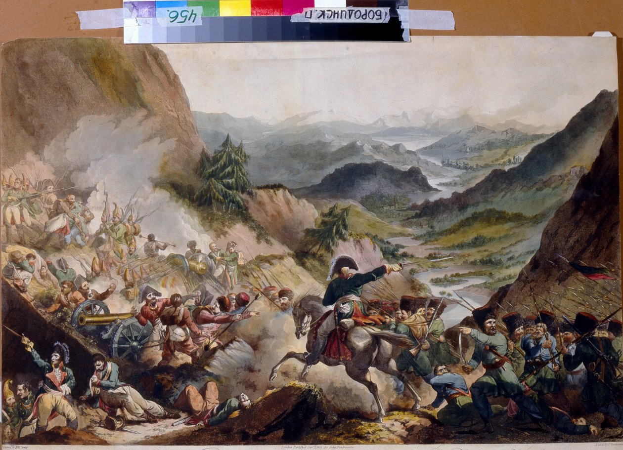 皮埃尔·德·巴格拉季昂亲王（1765-1812）率领哥萨克进攻阿尔卑斯山。 （彼得·伊万诺维奇·巴格拉季昂王子率领哥萨克向阿尔卑斯山发起进攻）。 在第二次意大利战役（1799-1800）期间，描述了俄罗斯英雄 作者 乔瓦尼·文德拉米尼