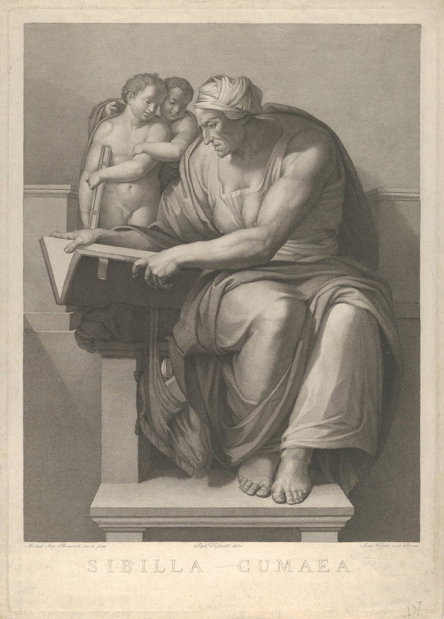 米开朗基罗在西斯廷教堂的壁画后的库迈亚女妖，1784-90。 作者 乔瓦尼·沃尔帕托