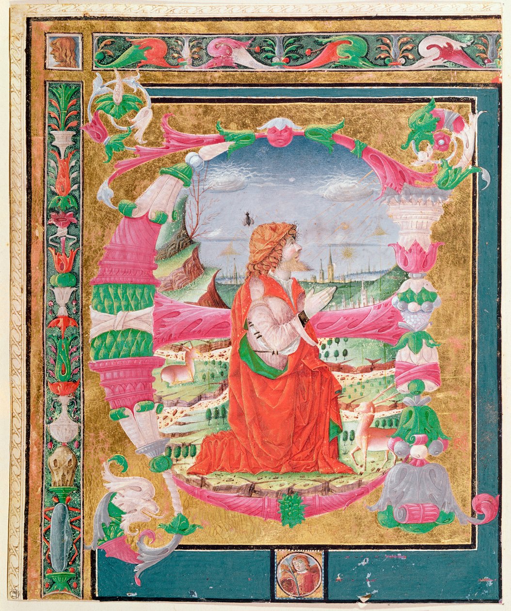历史上的第一封字母E，带着大卫王的跪姿，1482-83（纸上写着） 作者 乔瓦尼和乔科纳拉，安东尼奥·加迪奥