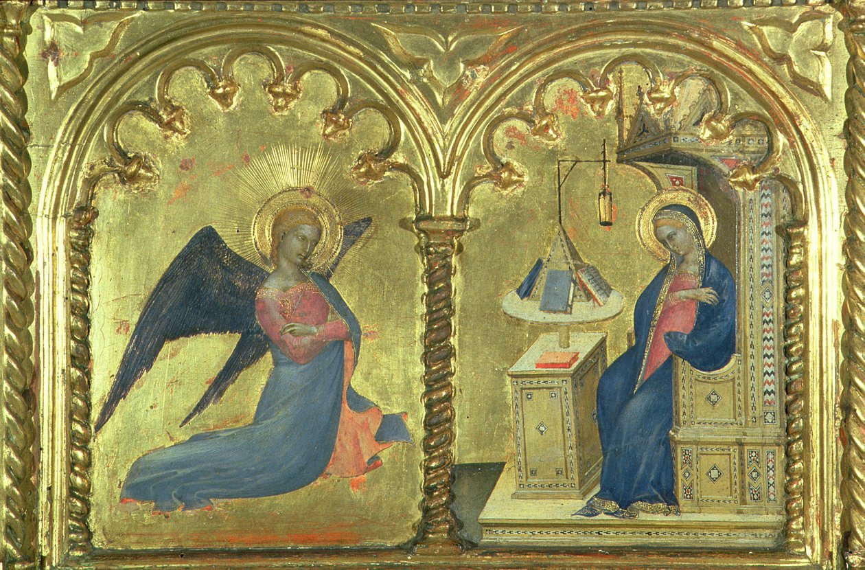 天使报喜，细节来自一幅描绘圣人生活的复式画，来自Salone del II钢琴，1353-63年 作者 乔凡尼·达·米兰诺