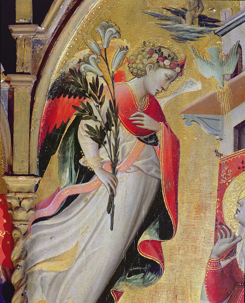 大天使加百列，来自SS Lawrence，Benedict，施洗约翰和尼古拉斯的天使报喜的细节，1434（面板上的蛋彩画和金箔） 作者 乔万尼·达尔·庞特