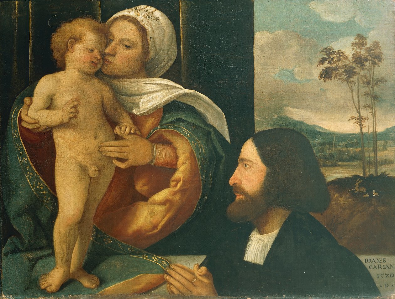 乔瓦尼·卡里亚尼 (Giovanni Cariani) 的《麦当娜与孩子和奉献者》（生于 1485 年至 1490 年 - 卒于 1547 年之后） 作者 乔瓦尼·德·布西·卡里亚尼