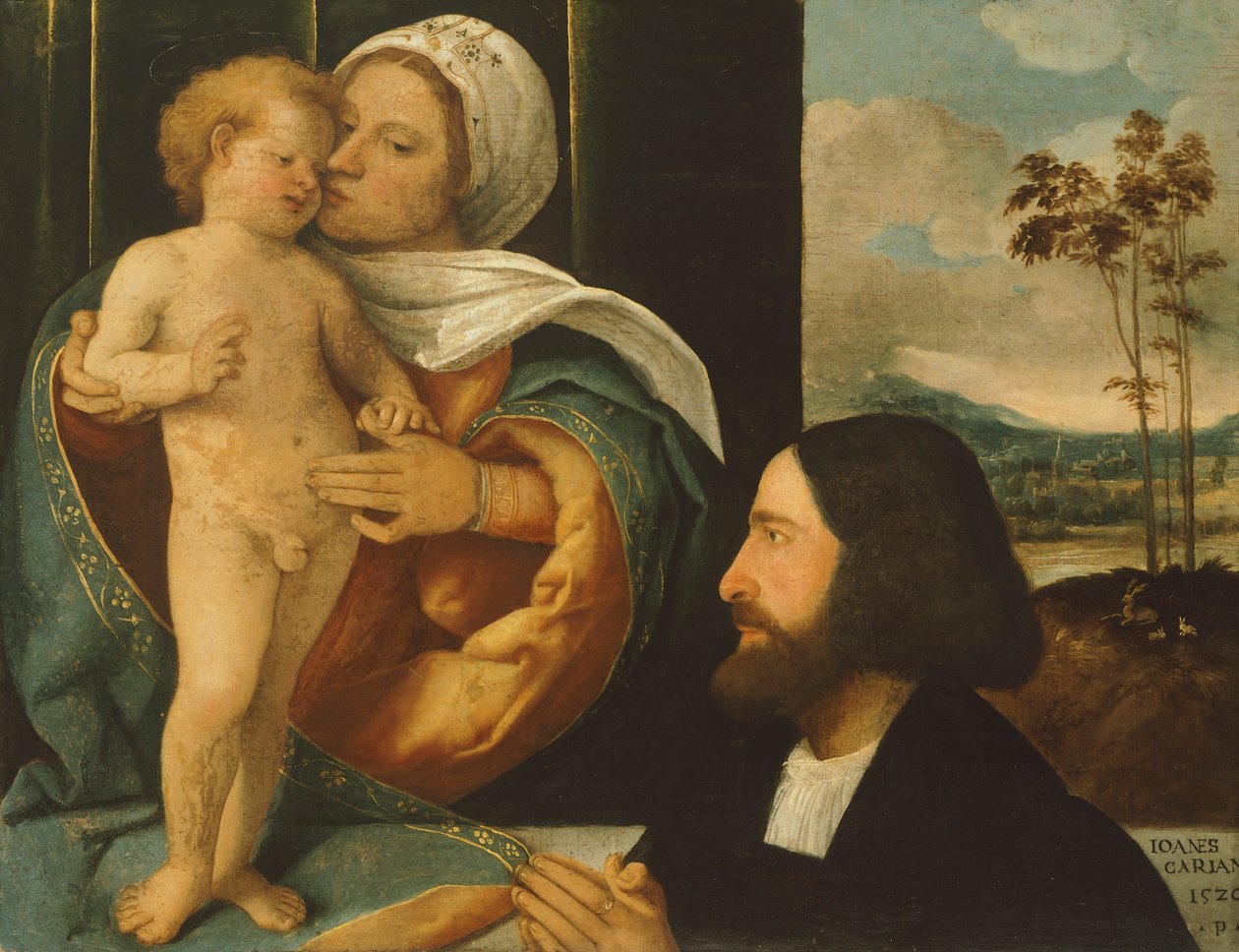 乔瓦尼·卡里亚尼 (Giovanni Cariani) 的《麦当娜与孩子和奉献者》（生于 1485 年至 1490 年 - 卒于 1547 年之后） 作者 乔瓦尼·德·布西·卡里亚尼