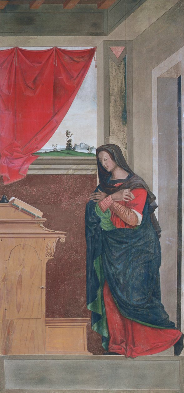 Virgin Annunciate，通告小组最初形成维琴察圣巴托洛梅奥的器官外部百叶窗之一（画布上的蛋彩画）（见183650） 作者 乔瓦尼·德·瓦真蒂·斯佩兰萨