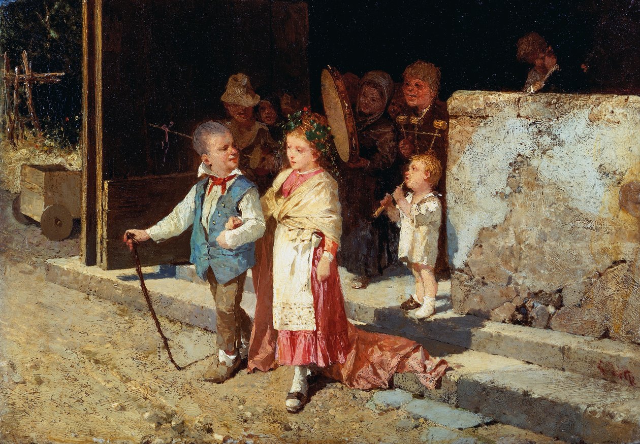 年轻的已婚夫妇，乔瓦尼·德尔·雷（Giovanni Del Re，1829-1919）作画，面板油画，23x33 厘米 作者 乔凡尼·德尔·雷