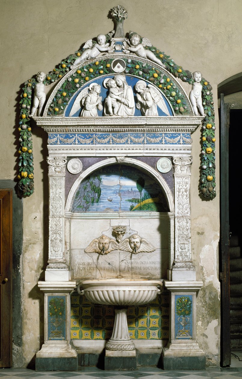 Giovanni della Robbia（1469-1529）1498年创作的大理石和赤土高浮雕装饰喷泉。佛罗伦萨新圣母院的圣器室 作者 乔瓦尼·德拉·罗比亚