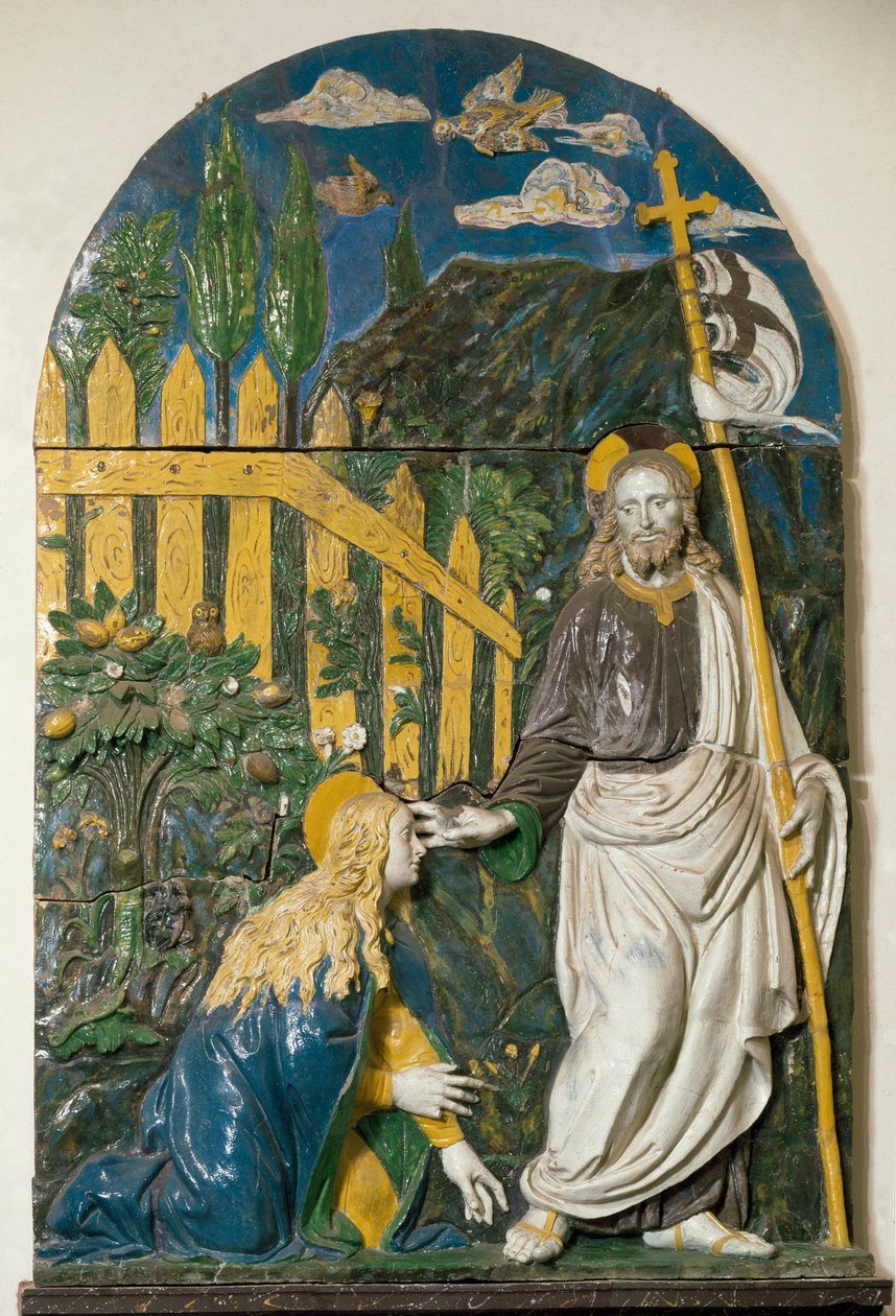 Noli me tangere 耶稣基督举着一面用红十字划着的白旗（标准），他的光环上有一个十字标记。 Giovanni della Robbia（1469-1529）的陶瓷浮雕长袜佛罗伦萨，Museo Nazionale del Bargello 作者 乔瓦尼·德拉·罗比亚