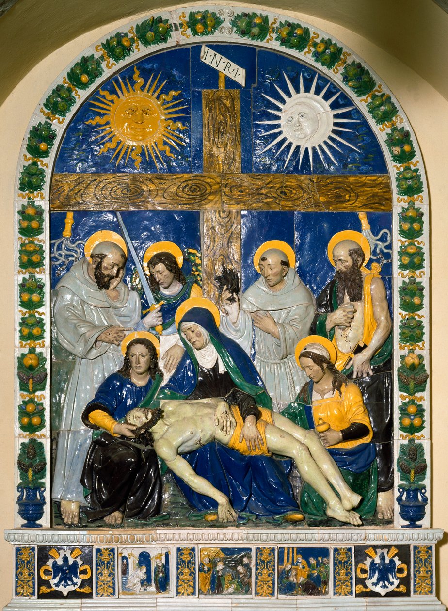 The Deposition (Pieta)” Jesus Christ and the Virgin Mary surrounded by Saint John and Saint Mary Magdalene before the cross with the inscription INRI (I.N.R.I.) High relief ceramic by Giovanni della Robbia (1469-1529) 1525 Dim. 287x210 cm Santuario della V 作者 乔瓦尼·德拉·罗比亚