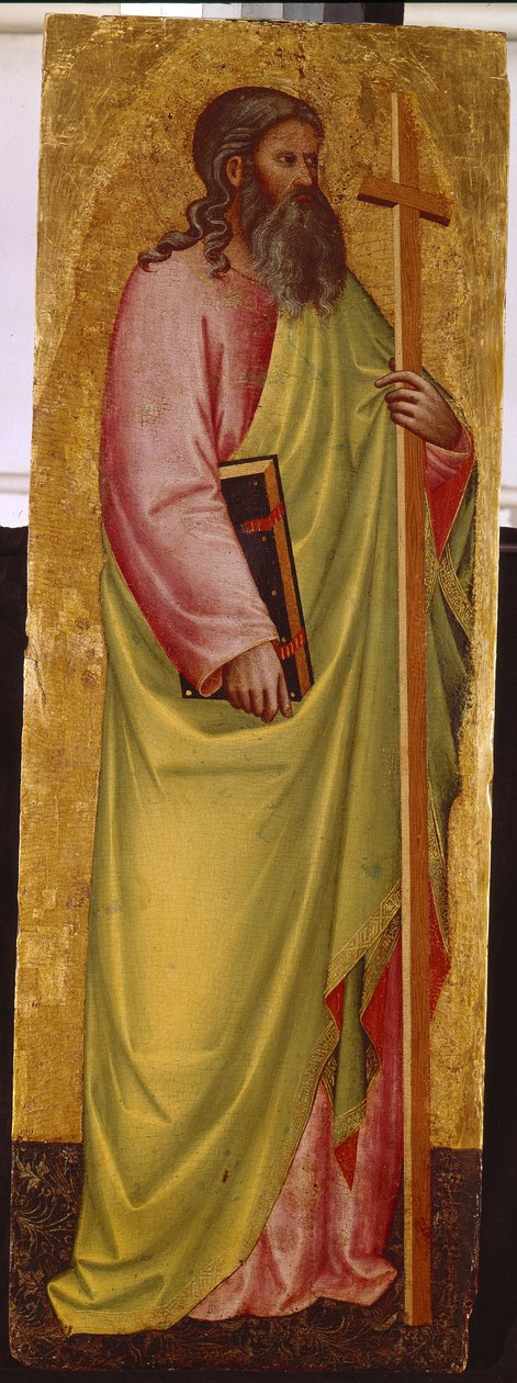 圣徒安德烈》（Le saint apotre Andre）。乔瓦尼-迪-巴托洛梅奥-克里斯蒂安尼（1367-1448 年）的画作，木板上的蛋彩画 作者 乔瓦尼·迪·巴托洛梅奥·克里斯蒂亚尼
