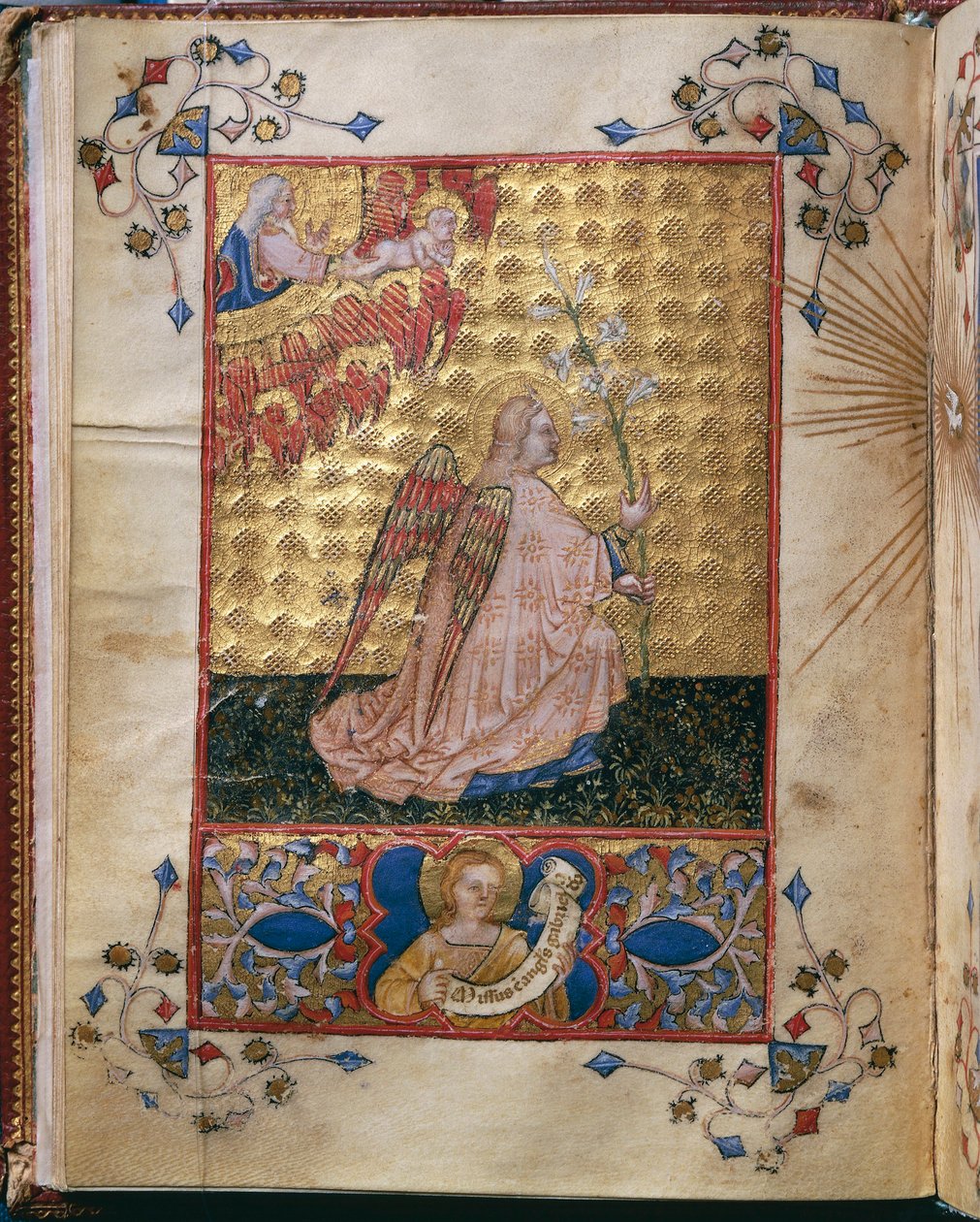 意大利，圣母领报：天使与百合花，乔瓦尼-迪-贝内代托-达-科莫（Giovanni di Benedetto da Como）的微型画，选自阿尔贝托-德-波塞利斯（Alberto de Porcelis）的《圣母领报》（Officium Beatae Mariae Virginis 作者 乔瓦尼·迪·贝内代托·达科莫