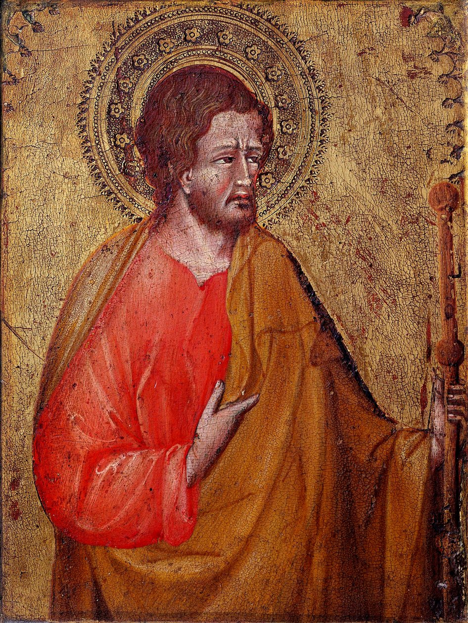 圣雅各伯列林的代表 这是圣雅各少校或圣雅各，西庇太的儿子。 Giovanni di Paolo (1395 / 1400-1482) 15 世纪阿西西，圣弗朗西斯科大教堂和帕金斯收藏博物馆 作者 乔瓦尼·迪·保罗