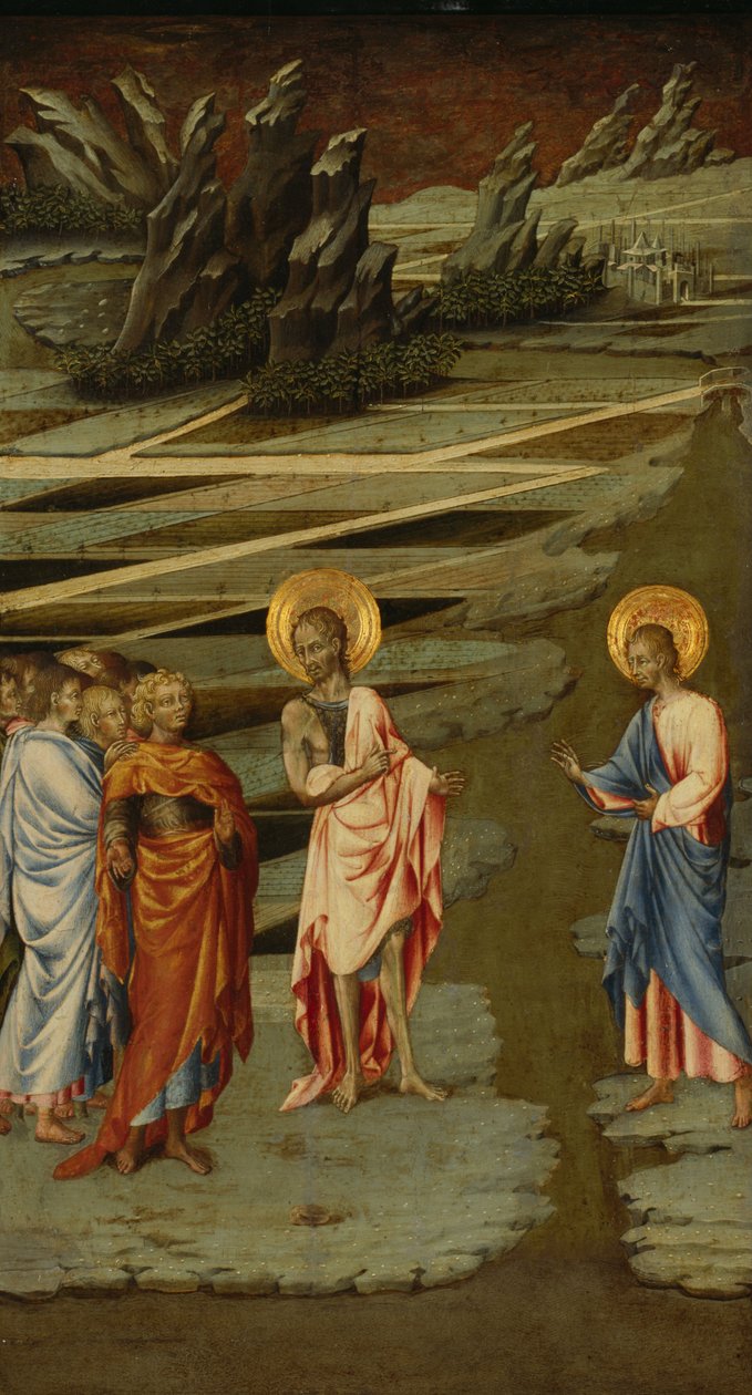 看哪，上帝的羔羊（Ecce Agnus Dei）--乔瓦尼-迪保罗（Giovanni di Paolo，约 1403-1482 年）的绘画，木板上的蛋彩画（68.5x39.5 厘米） 作者 乔瓦尼·迪·保罗
