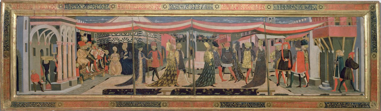 来自Adimari Cassone的正面描绘了洗礼堂前的婚礼场景，c.1450（面板上的蛋彩画）（另见62295,123484-6） 作者 乔万尼·迪·乔万尼