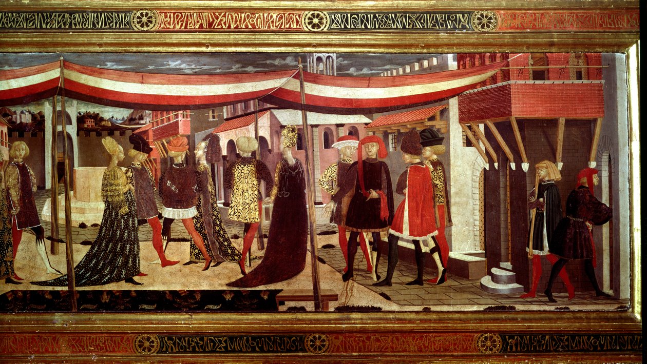 Renaissance Wedding Ceremony Detail of the left part of the panel decorating the Cassone Adimari. Wedding scene in Piazza del Duomo (Plaza de la Cathedrale Santa Maria del Fiore). Couples in the cortege advance under a canopy. Painting by Giovanni di Ser G 作者 乔凡尼·迪·塞尔瓦·乔吉亚