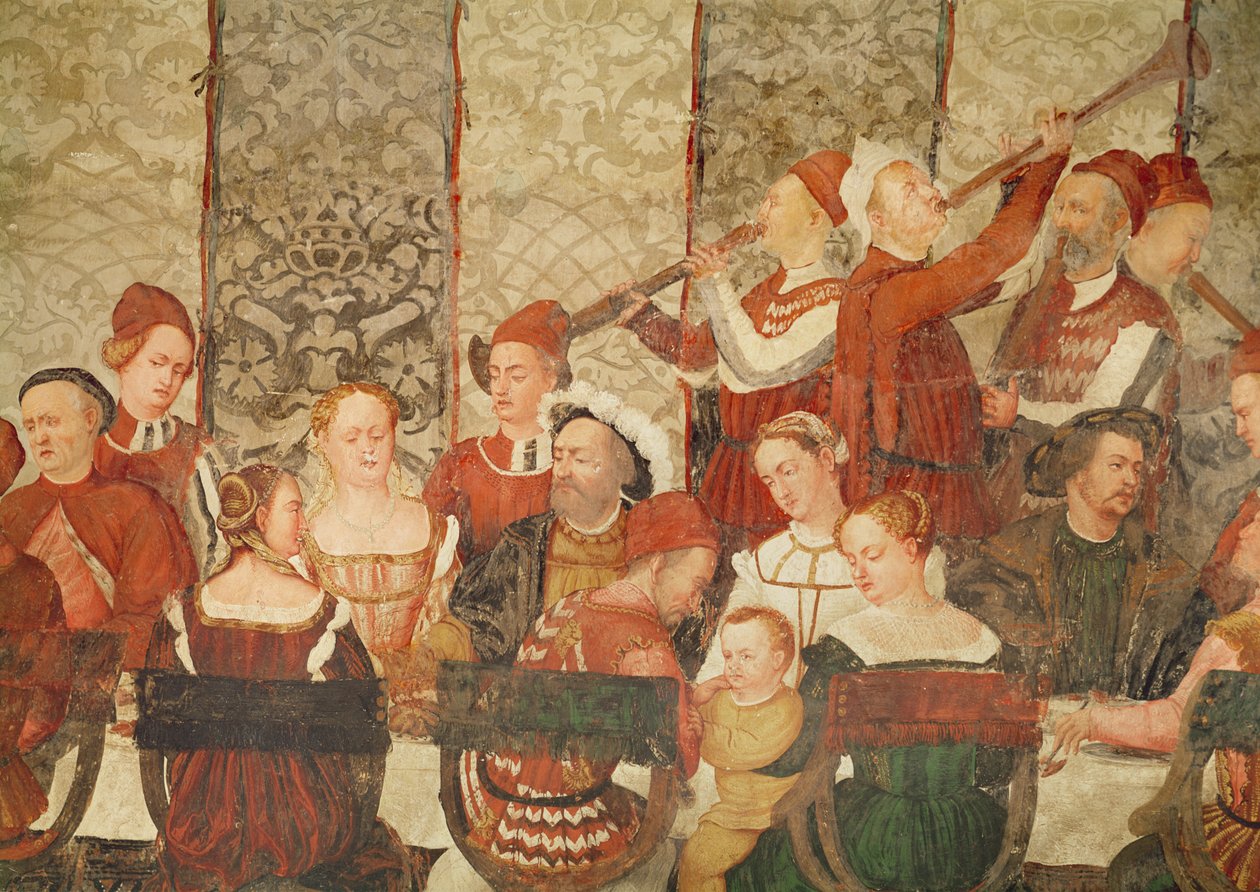 Bartotomeo Colleoni的Banquet Given为丹麦国王克里斯蒂安一世在1474年的马尔帕加城堡，1520-30（详细） 作者 罗洛尼诺（Girolamo Romanino）