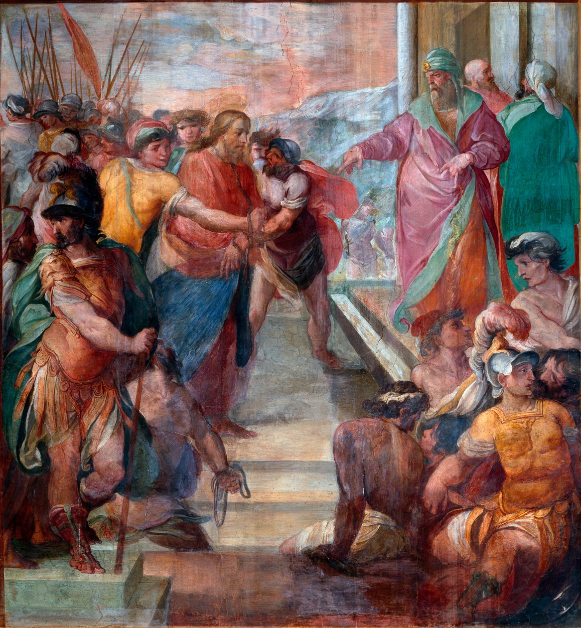 基督被引导到凯弗斯面前 由 Girolamo Massei（1540-1614 年）1594-1600 年创作的基督受难壁画之一的细节，罗马，圣普拉塞德 作者 吉罗拉莫·马塞尔