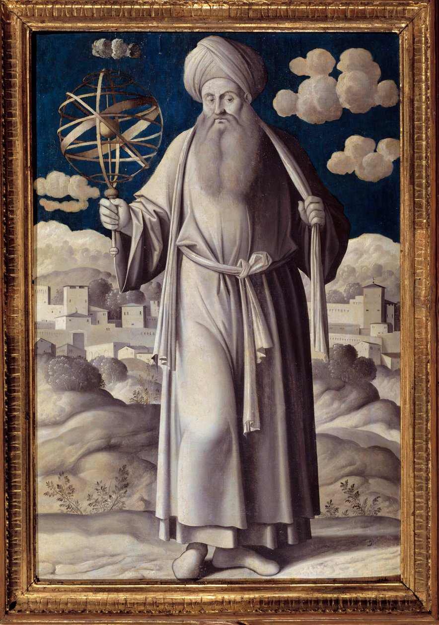 托勒密 (Claudius Ptolemaeus)（公元 90-168 年）脚下的肖像，希腊天文学家 Girolamo Mocetto（1458-1531）1531 年在巴黎绘制。 雅克马尔·安德烈博物馆 - 托勒密 (Claudius Ptolemaeus)（公元 90-168 年）的全长肖像。 希腊天文学家。 绘画者 作者 吉罗拉莫·莫塞托