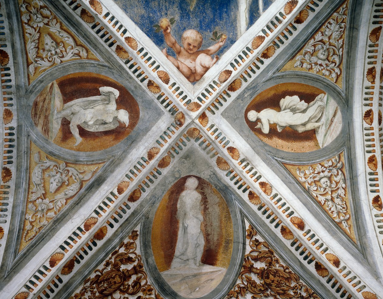 马赛克壁龛和雕像，吉罗拉莫-罗曼尼诺（约1484年-1559年后）的壁画细节，由贝尔纳多-克莱西奥委托制作。 作者 罗洛尼诺（Girolamo Romanino）