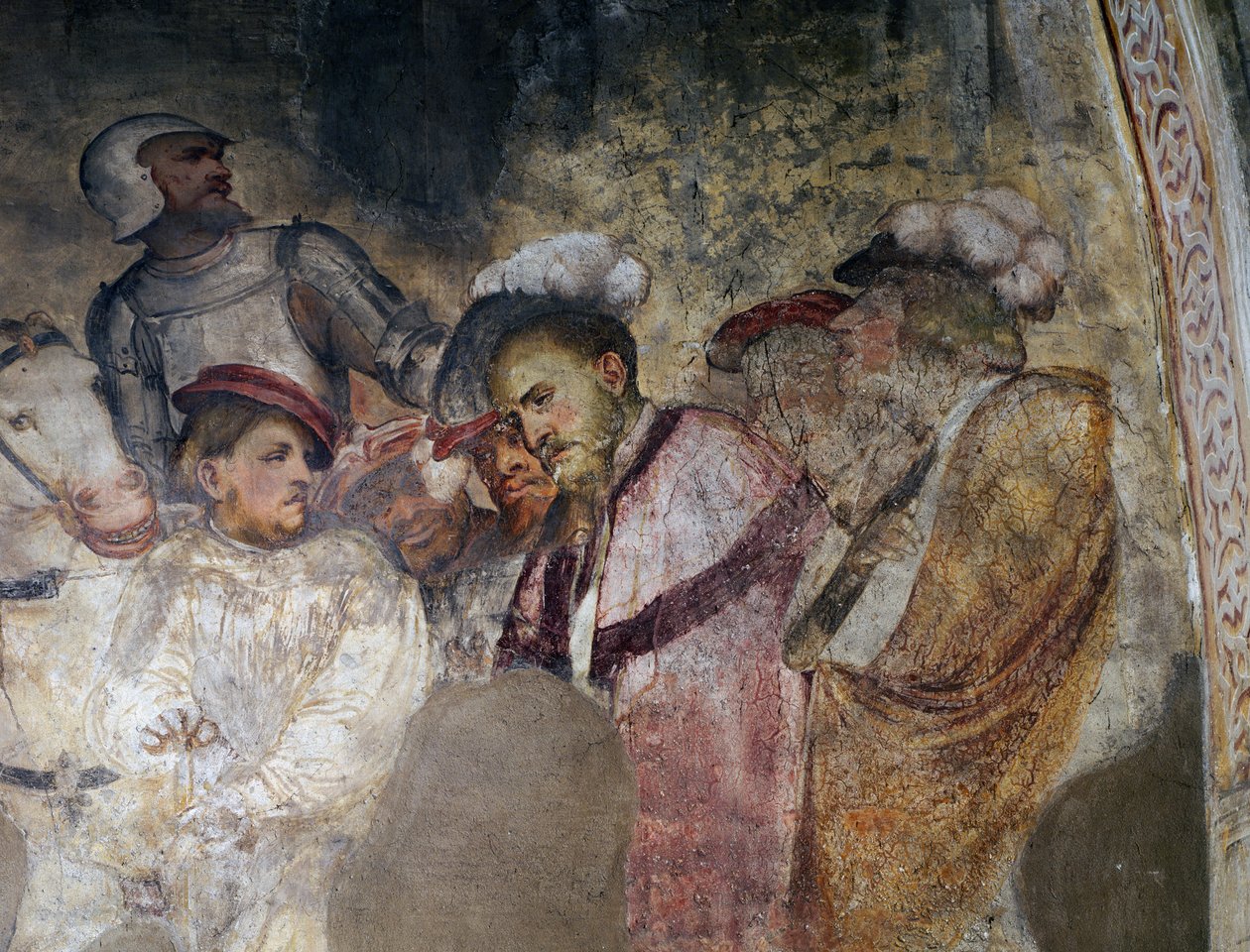穿着盔甲的士兵和戴着帽子的人，Girolamo Romanino（约1484-1562年后）的壁画细节，布雷诺的圣安东尼修道院教堂长老会的左墙。意大利 作者 罗洛尼诺（Girolamo Romanino）