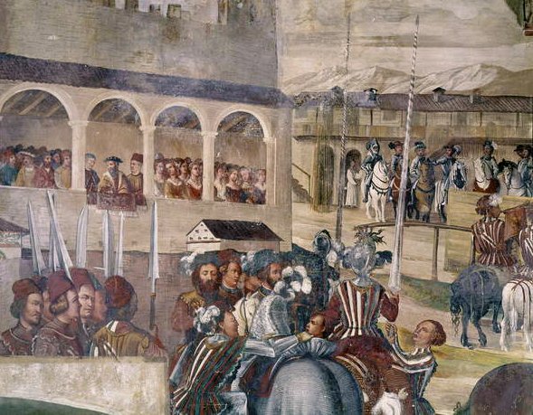 在Castello di Malpaga庆祝丹麦基督教I的比赛，左手边的细节，1520-30 作者 罗洛尼诺（Girolamo Romanino）