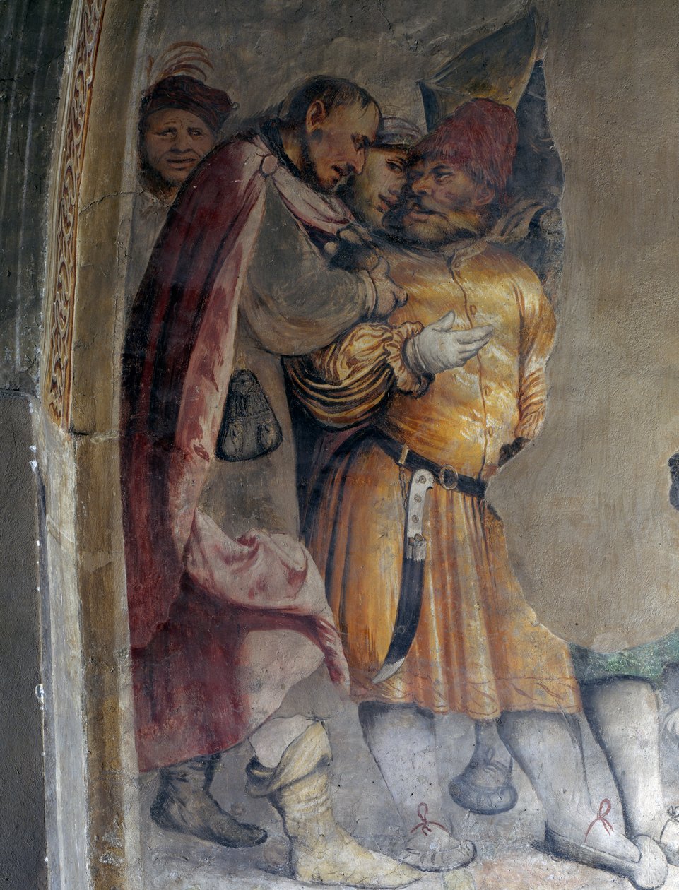 两个人在交谈，Girolamo Romanino（约 1484 年 - 1562 年之后）的壁画细节，布雷诺圣安东尼修道院长老会的左墙。 意大利 作者 罗洛尼诺（Girolamo Romanino）