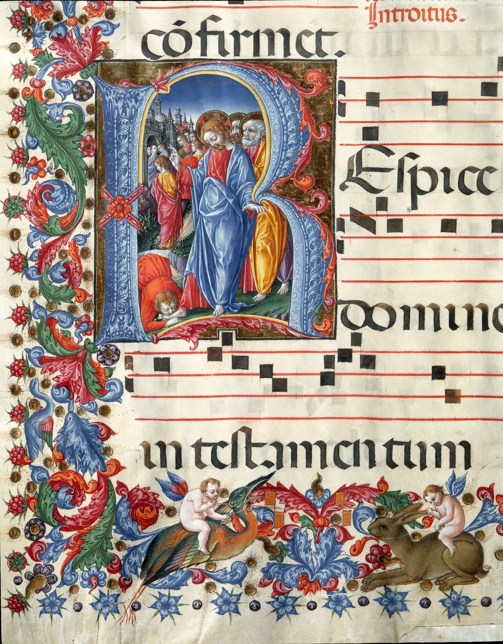 吉罗拉莫-达-克雷莫纳（Girolamo da Cremona，约1451-1483年活跃）和利伯拉莱-达-维罗纳（Liberale da Verona，1445-1529年）描绘基督和麻风病人的装饰画，出自锡耶纳大教堂的唱诗班（Cod. 19/4. c.26. ）。15世纪的意大利锡耶纳大教堂（Duomo）。 作者 吉罗拉莫·达克雷莫纳