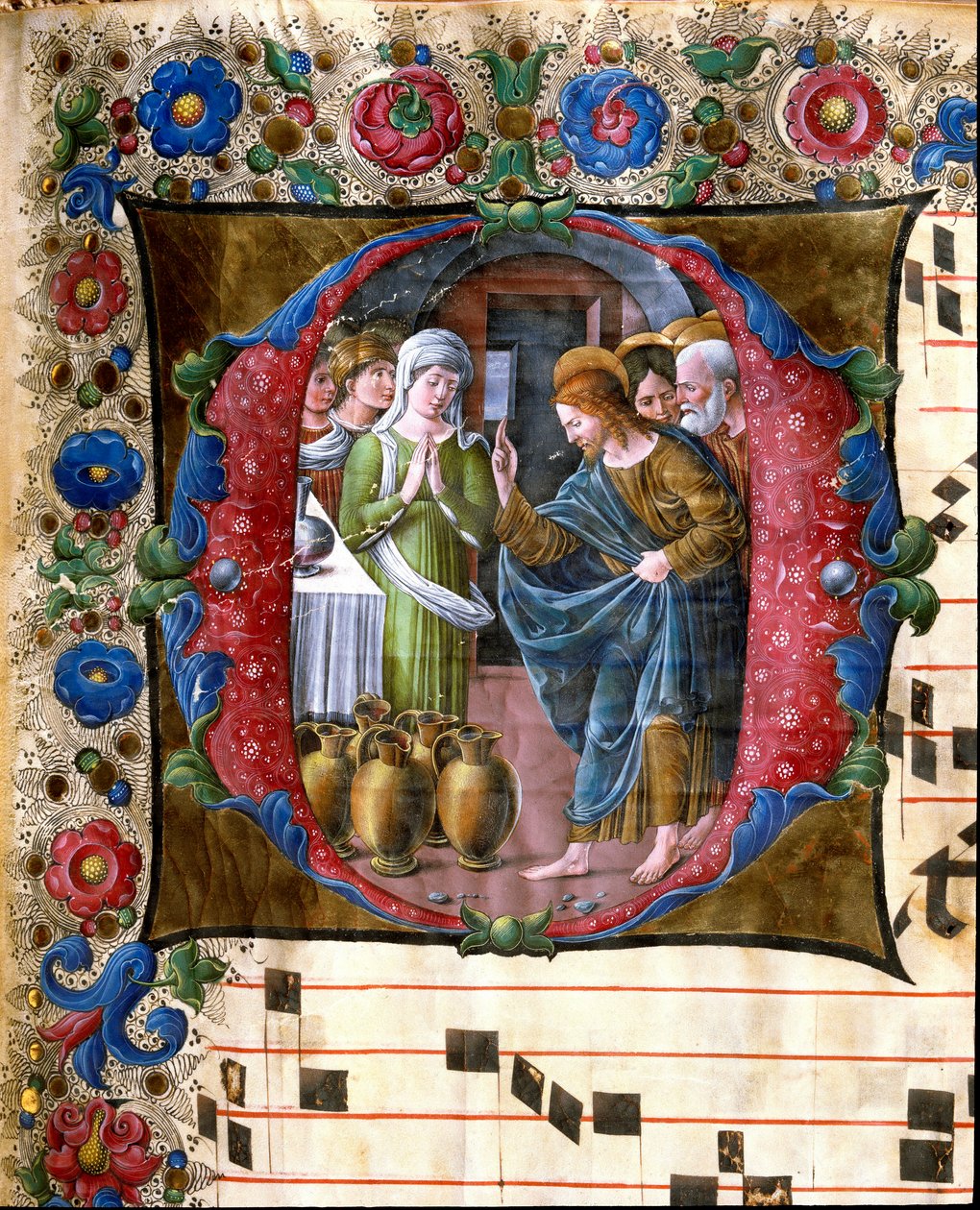 表现迦纳婚礼的装饰画 吉罗拉莫-达-克雷莫纳（约1451-1483年活跃）和利伯拉莱-达-维罗纳（1445-1529年）的微型画，出自锡耶纳大教堂的唱诗班（Cod.19/4. c.19v.）。15世纪的意大利锡耶纳大教堂（Duomo）。 作者 吉罗拉莫·达克雷莫纳