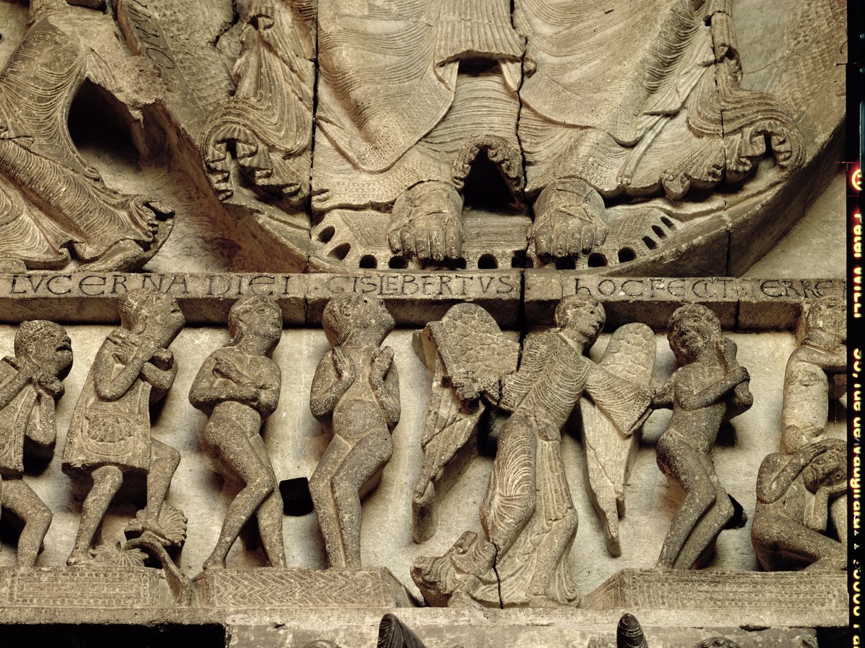 West Portal鼓室描绘最后的审判：基督脚的细节，天使和凡人，c.1130-35石灰石 作者 吉斯勒贝图斯