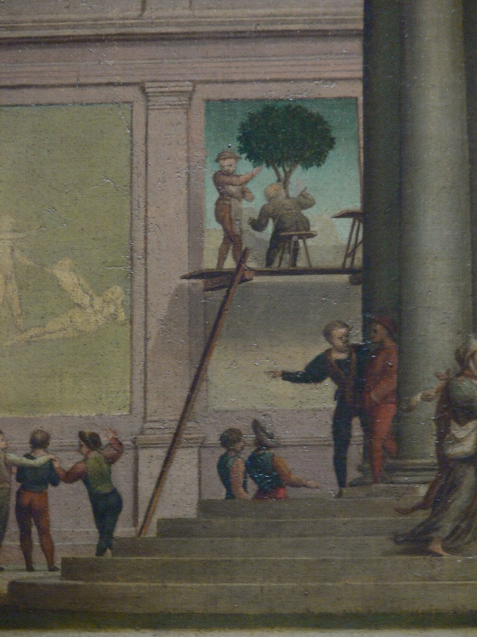 迪娜的抢劫（创世纪34）。维也纳艺术史博物馆，Gemäldegalerie，Inv。第1554号，背景细节（脚手架上的壁画） 作者 朱利亚诺·布加迪尼（Giulia Bugiardini）