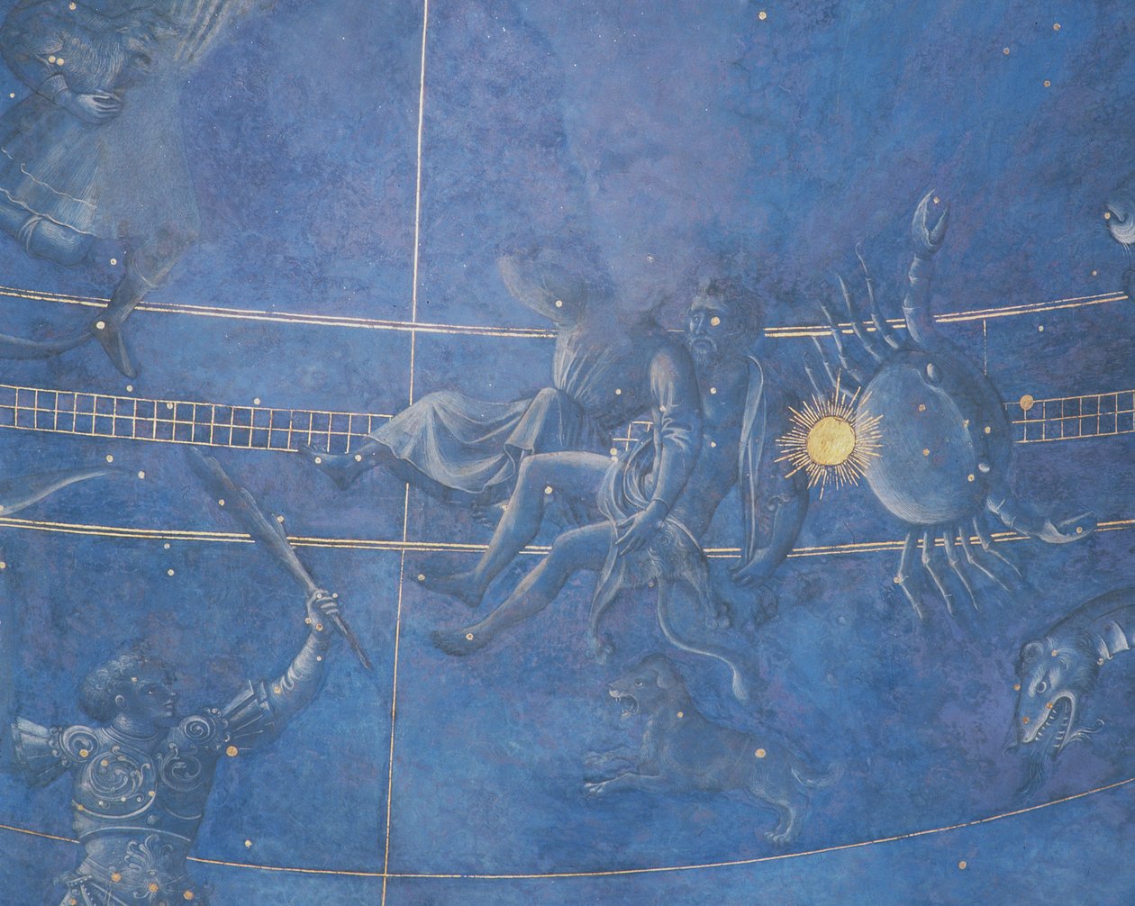 1442年7月4日夜间的太阳之路穿过星星，双子座和巨蟹座的细节，从祭坛上方的拱腹，1430（细节85088） 作者 朱利亚诺·达里里·佩塞洛