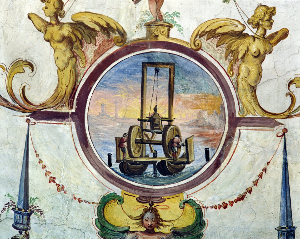 大型浮桥，带有将桩柱推入海床的装置，Stanza della Mattematica，1587-1609 作者 朱利奥·帕里吉（Giulio Parigi）