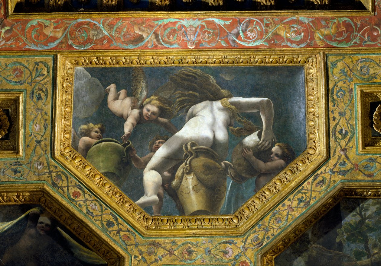 来自一个金塔的仙女浇水，来自Salati Amore e Psiche的天花板沉箱，1528年（灰泥上的油） 作者 朱利奥·罗马诺